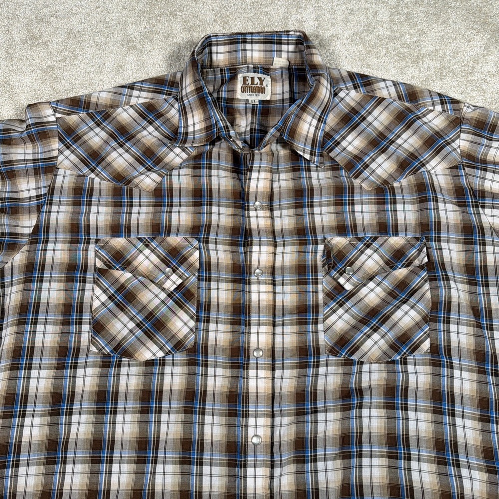 Ely Cattleman Pearl Snap Short Sleeve Button Shirt Mens XL Plaid Cowboy Western